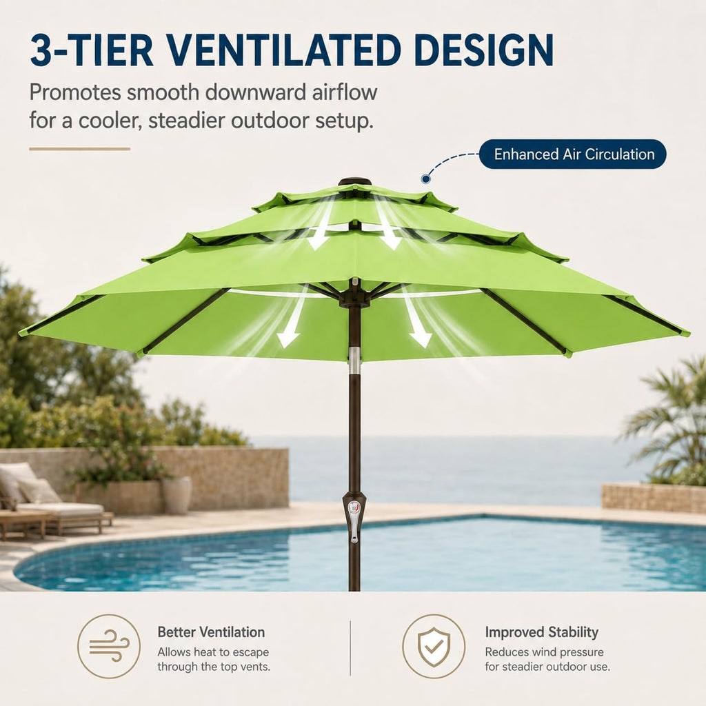 10ft Patio Umbrella, 3-Tier Vented Outdoor Table Umbrella with 8 Sturdy Fiberglass Ribs, Windproof Market Umbrella