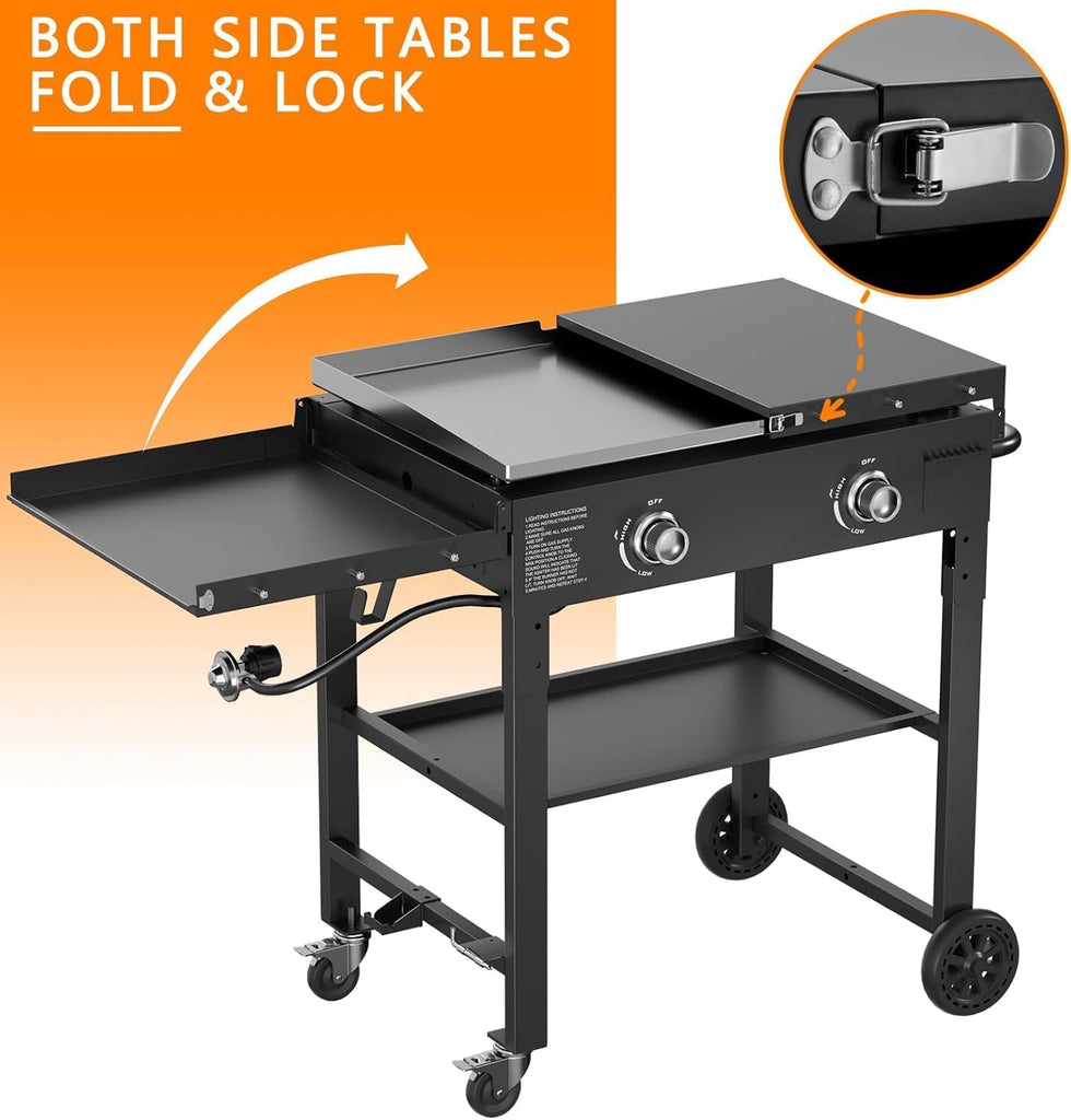 2-Burner Propane Gas Griddle, 28-Inch Flat Top Grill, 30,000 BTU Tabletop Foldable Griddle with Side Shelves