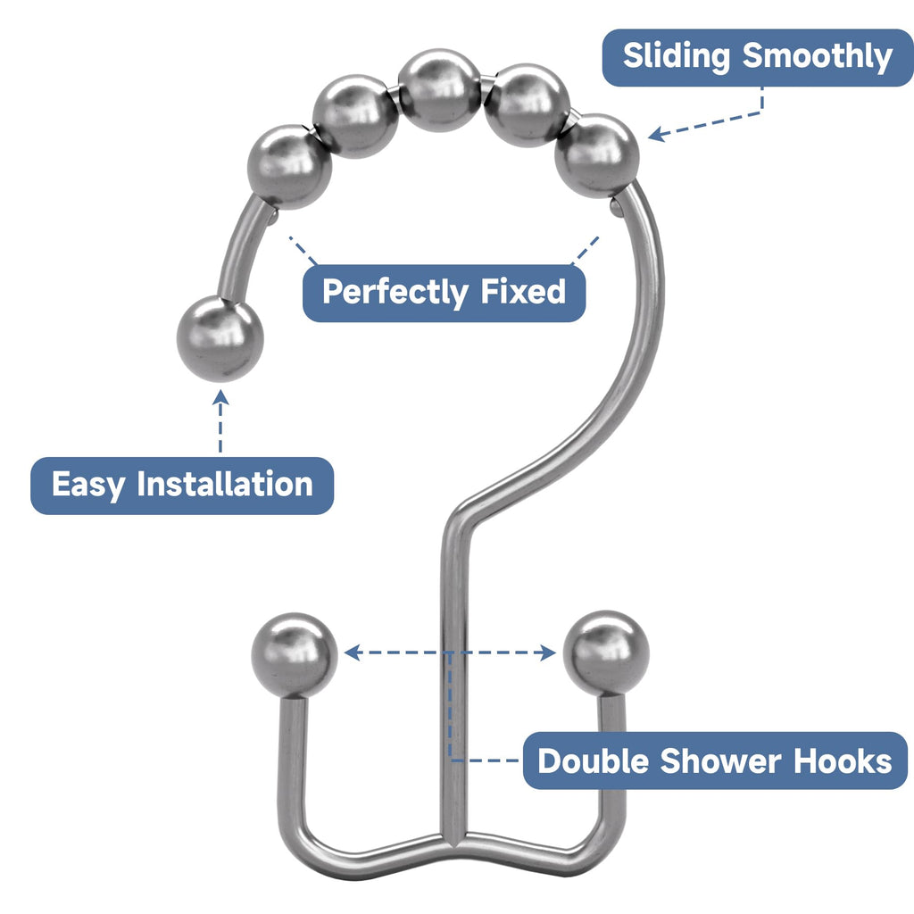 Double Shower Curtain Hooks, Rust Proof Shower Curtain Rings, Metal Shower Hooks Shower Rods Curtains, Set of 12
