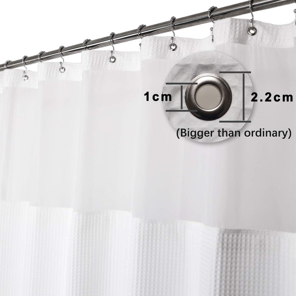 Hotel Style Cotton Shower Curtain with Snap-in Liner White | Cotton Blend, Honeycomb Waffle Weave, Fabric Snap on/off