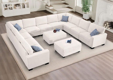 Oversized Modular Sectional Sofa, U/L‐Shaped Reversible Couch with Ottoman, Deep Seat Corduroy Sofa, 13‐Seater, Cream