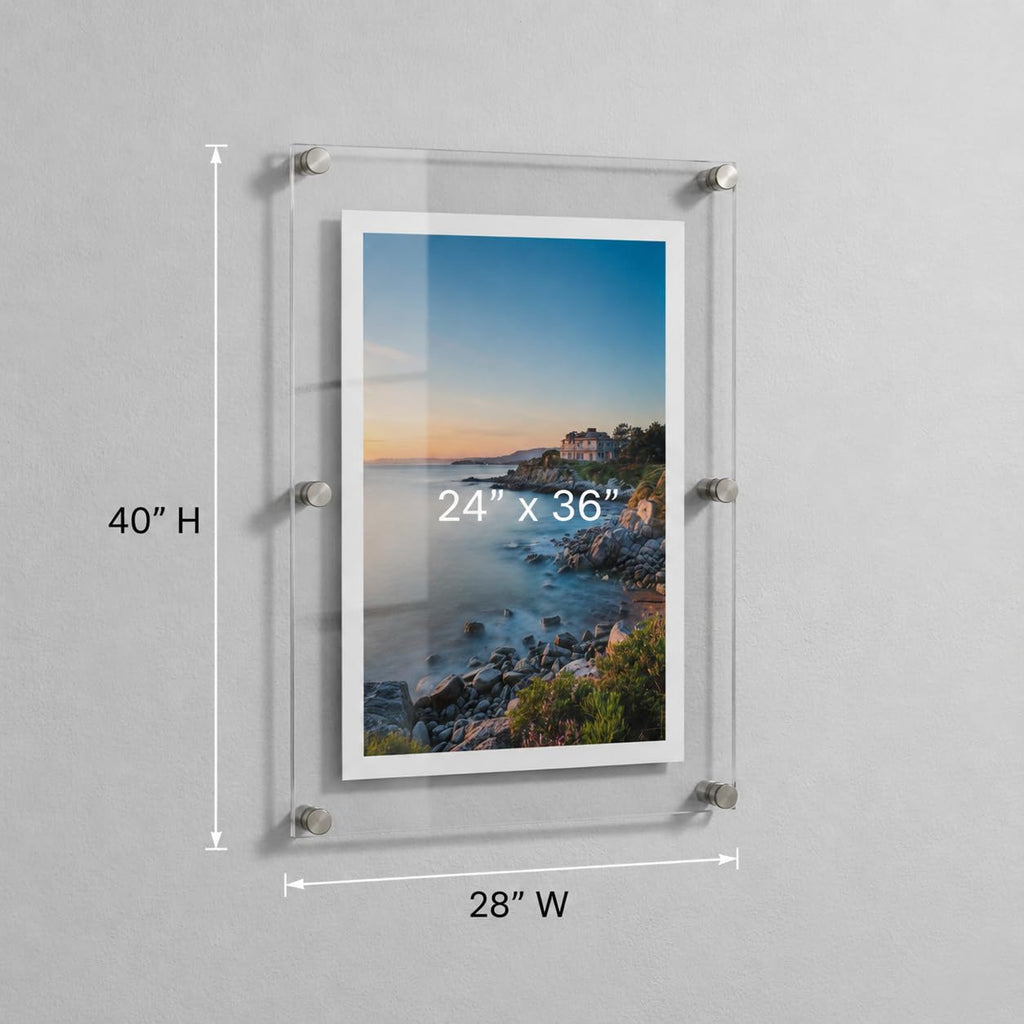 105536, Floating Acrylic Wall Frame with Silver Hardware Stand Off Caps, Clear Hanging Photo Frame Display Mount with