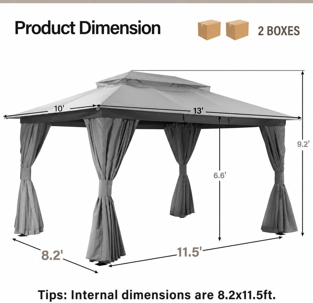 10'x13' Outdoor Gazebo, Metal Frame Heavy Duty Patio Canopy Tent Shelter with Double Roofs - Gray