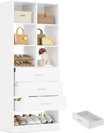 Closet System Organizer with 3 Drawers and Partition Storage, Freestanding Wardrobe Organizer Modular with Shoe