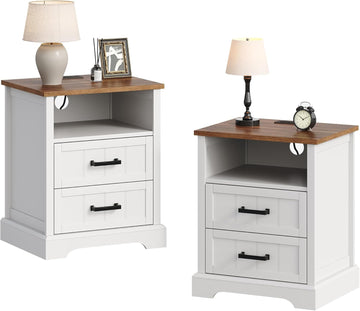 Farmhouse Night Stands with Charging Station, Wood Nightstand Set of 2 with 2 Drawers, Bedside Table with Open