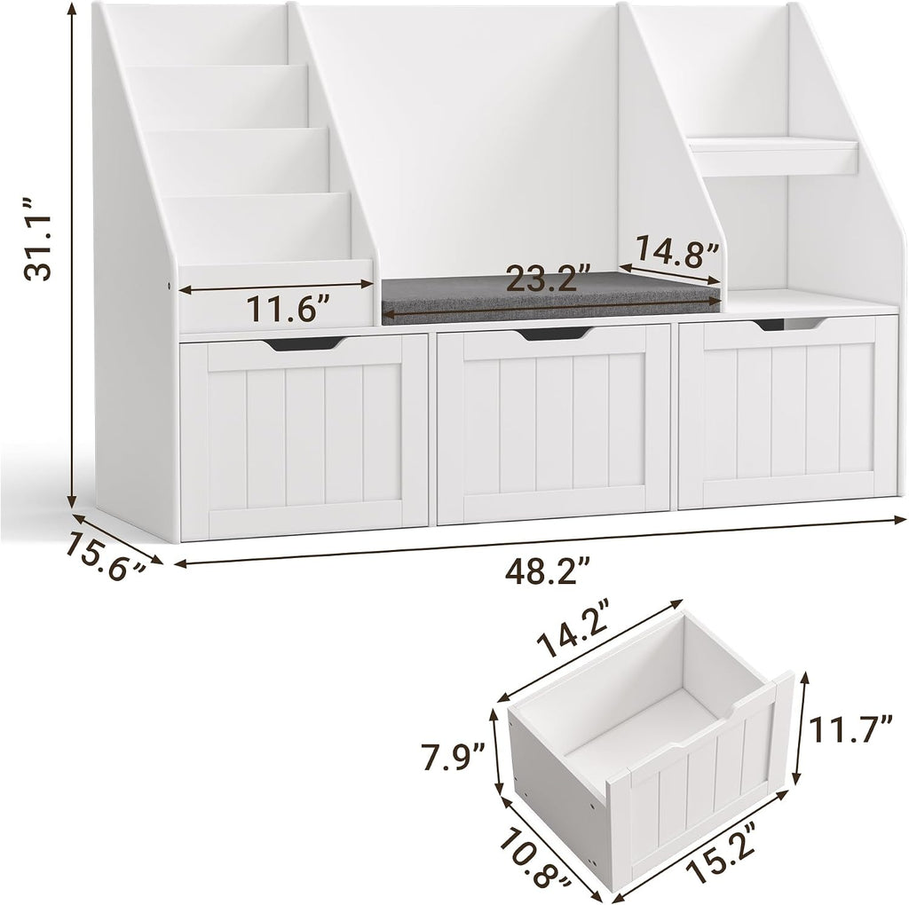 Kids Toy Storage Organizer with Reading Nook, Kids Bookshelf with 3 Movable Drawers, Kids Reading Nook with Bench for