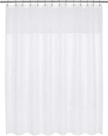 84x78 Large Extra Long and Wide Fabric Shower Curtain White | Sheer Window Top, Waffle Weave, 230GSM Heavyweight