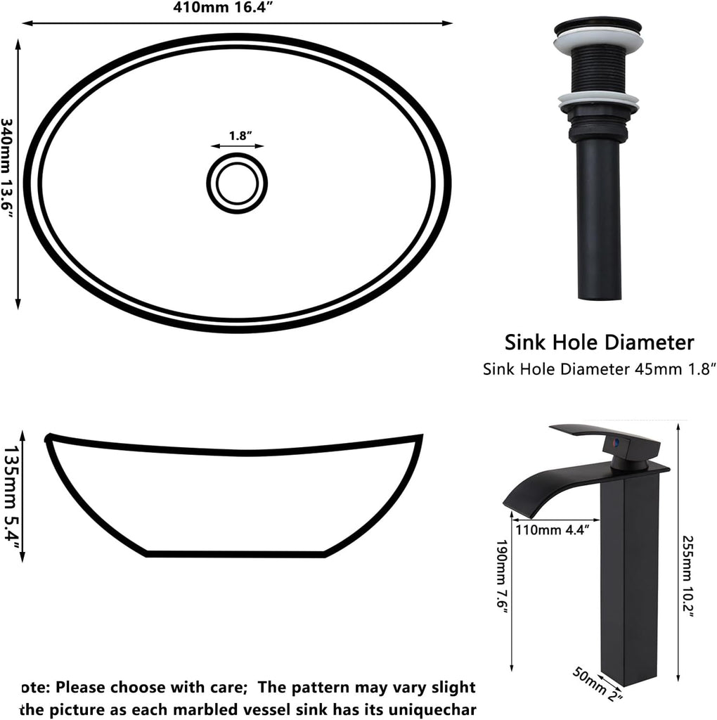 Ceramic Vessel Sinks Oval Bathroom Sink Above Counter Vessel Sink with Faucet and Drain Combo 16 inch Marbling Vessel