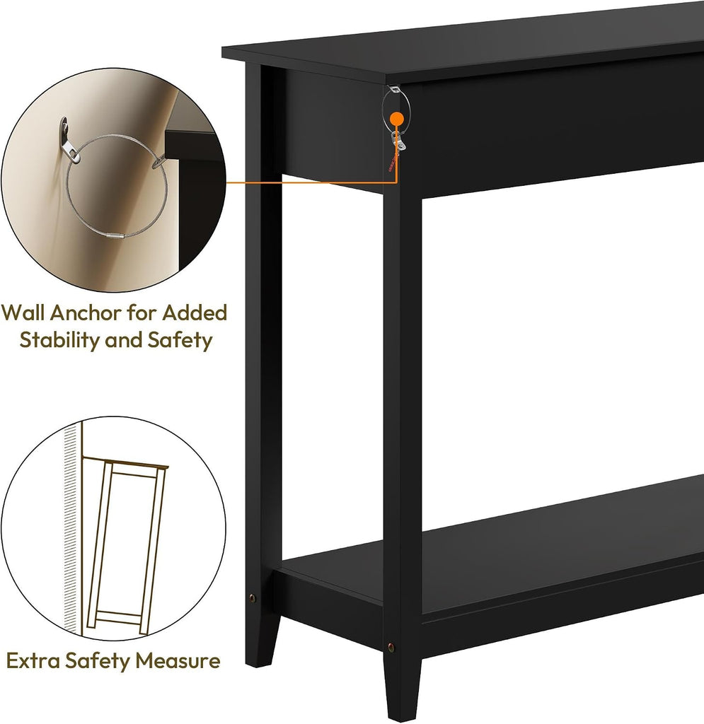 Console Table with 3 Drawers, Wood Entryway Table with Storage Shelf, Sofa Tables Narrow Long , Foyer, Black