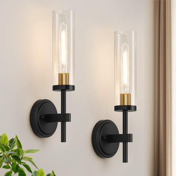 Hardwired Wall Sconces Set of Two, Black and Gold Bathroom Sconces with Clear Glass, Modern Wall Light Fixtures