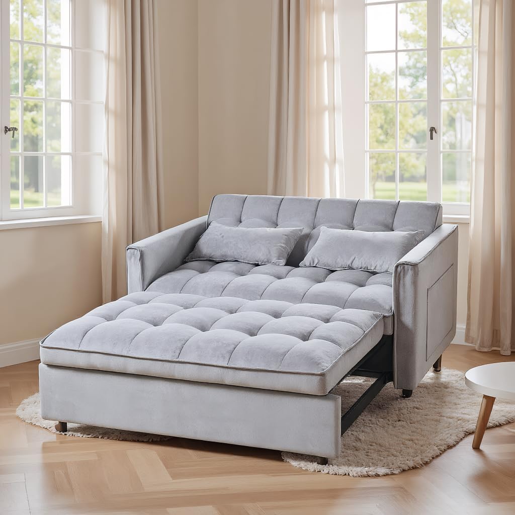 53" Sleeper Sofa, 3-in-1 Convertible Pull Out Couch, Velvet Loveseat with Adjustable Backrest, Side Pockets & 2