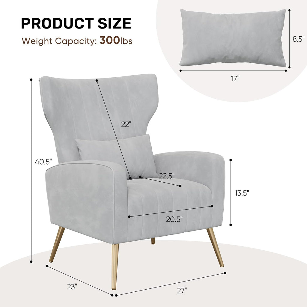 Velvet Accent Chair Wingback , High Back Arm Chair with Golden Legs Lumbar Pillow, Upholstered Single Sofa Bedroom