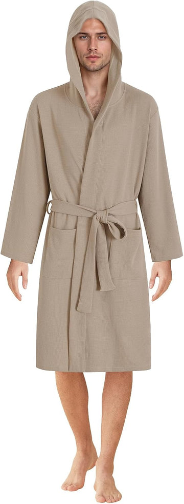 Men's Waffle Knit Hooded Robe Lightweight Bathrobe