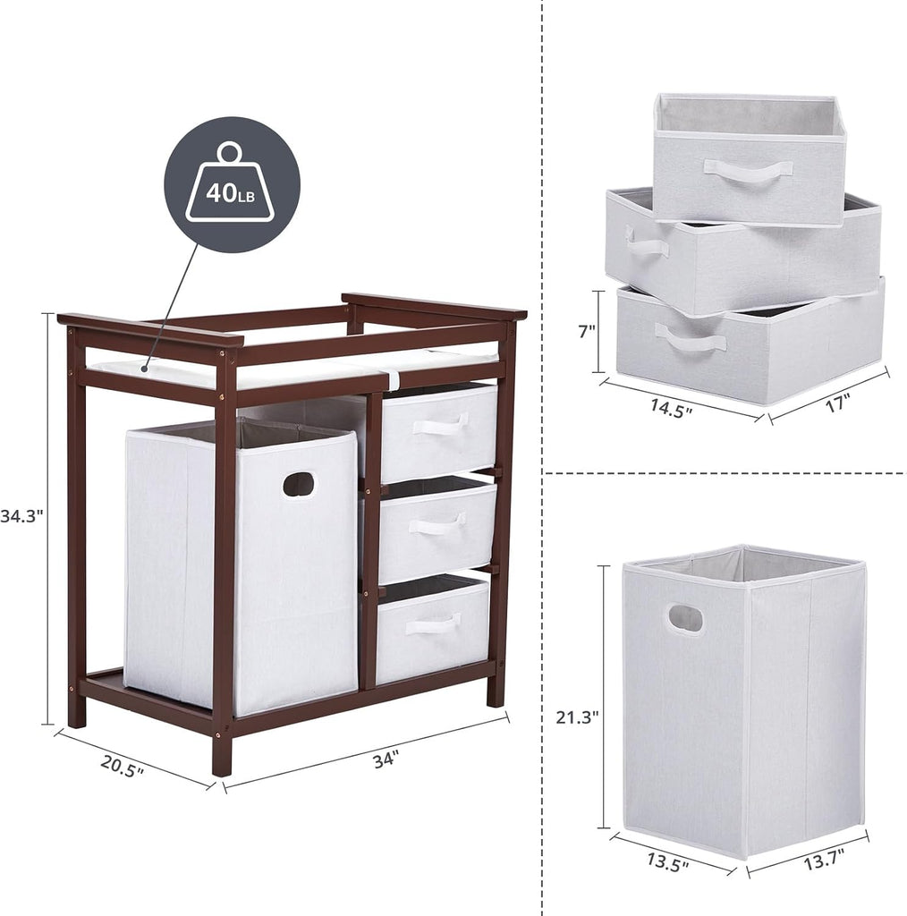 Modern Baby Changing Table with Laundry Hamper & 3 Drawers | Solid Wood Nursery Dresser Supports 40 Lbs, with Safety