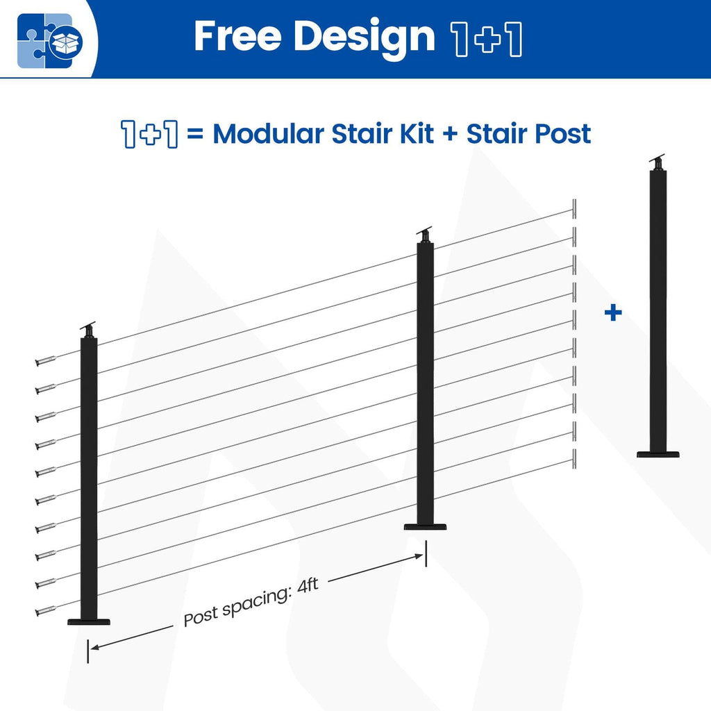 36in Black Modular Cable Railing Stair Post Surface Mount RW41