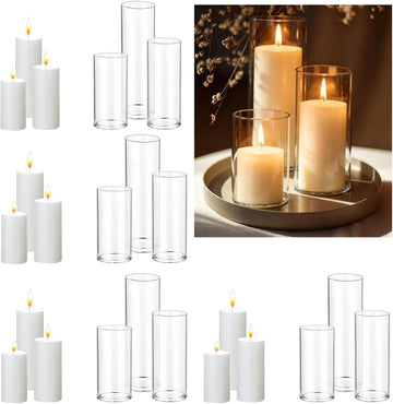 24 PCS White Pillar Candles with Glass Cylinder Vases Hurricane Glass Candle Holders for Pillar Candles Cylinder