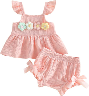 Newborn Girl Clothes Baby Summer Outfit 3D Floral Fly Sleeve Ruffle Tank Tops Matching Cute Bow Shorts Outfits Set
