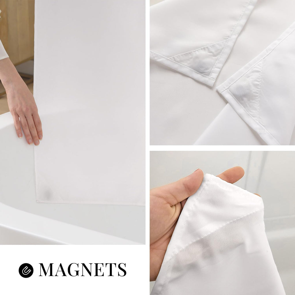 White Cotton Blend Fabric Shower Curtain Set with Liner, 71x74 | Waffle Weave, No Hook Needed, with Snap in