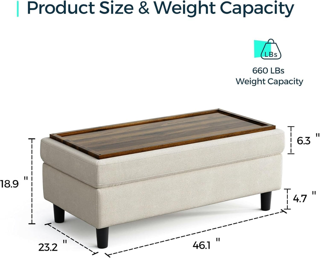 46 Inches Wide Storage Ottoman Bench, Linen Coffee Table Folding Long Shoes Bench Footstool, Storage Chest, Foot Rest