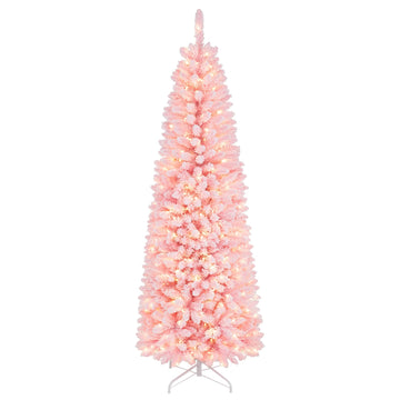 7FT Pre-Lit Pencil Christmas Tree, Snow Flocked Pink Xmas Tree