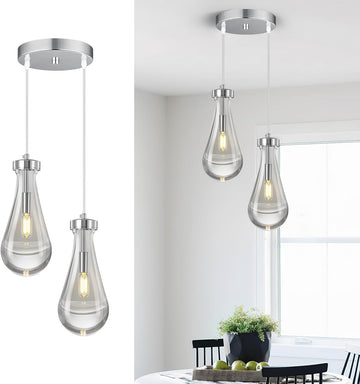 Raindrop Pendant Lights Kitchen Island Teardrop Chrome Hanging Light Fixtures Clear Solid Glass Pendant Light Modern Chandeliers for Dining Room Porch Corridor Living Room (2-Light)