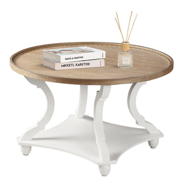 Farmhouse Round Coffee Table, Wood Tray Top with Storage Shelf