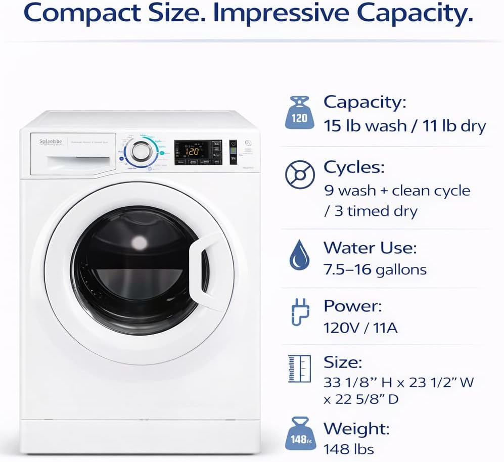 Splendide Washer Dryer Combo for RV - Vented 15lb All-in-One Compact Unit with Complete Vent Kit & Detergent