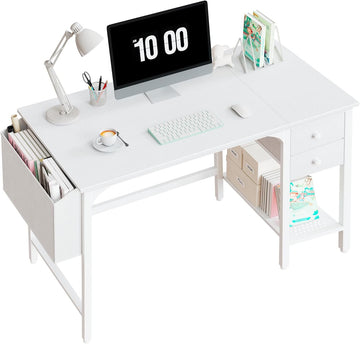 White Small Desk with Drawers - 40 Inch Computer Desk for Small Space Home Office