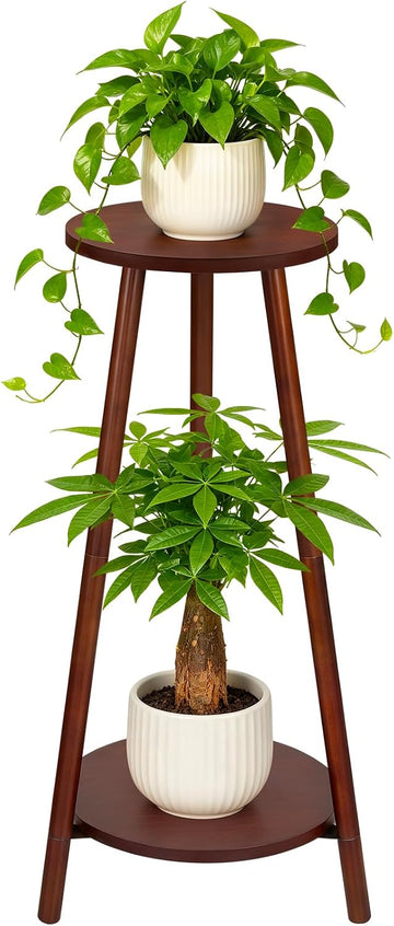 2 Tier Round 12 inch Bamboo Plant Stand Indoor Outdoor,Wood Flower Stand | Mid Century Corner Plant Pot Holder