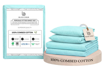 Percale Cotton Sheet Set Twin Size, 3‐Piece, 100% Combed Cotton Sheets, Crisp & Cool, 15 in Deep‐Pocket Fitted Sheet