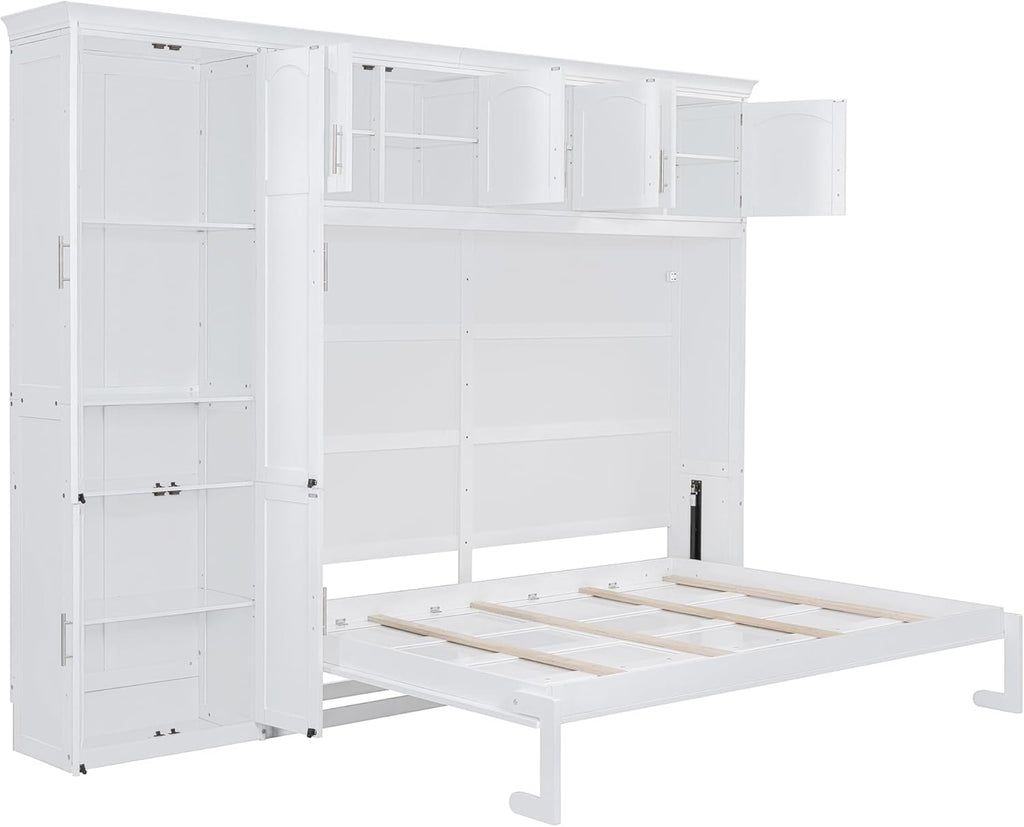 Queen Murphy Bed Wall Bed with Cabinets,White