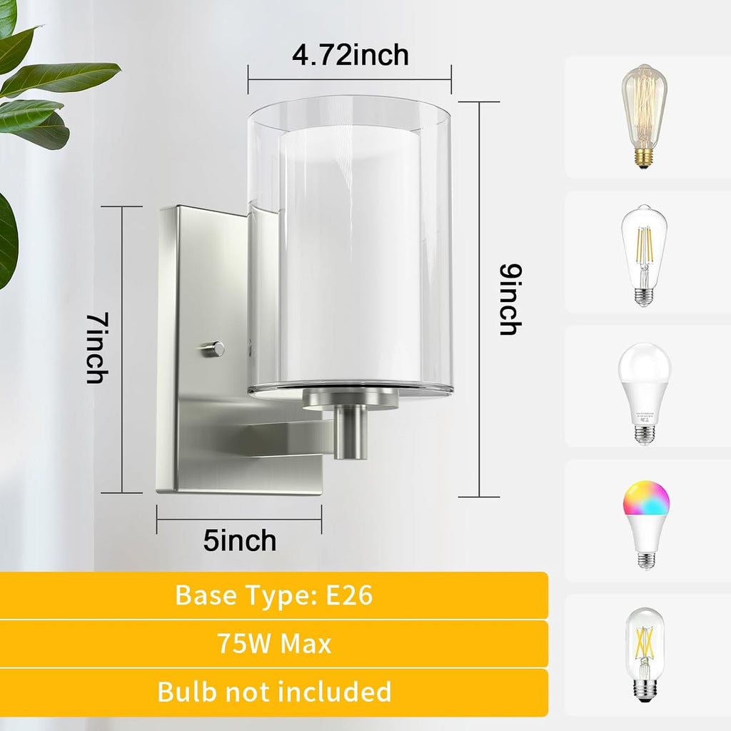Wall Sconces Set of Two, Modern Brushed Nickel Vanity Wall Lights | Double Clear Glass Shades With E26 Base