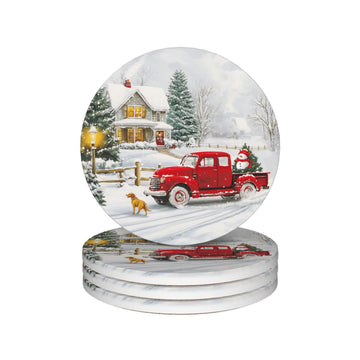 Winter Red Truck Coasters for Drinks Christmas Tree Candy Snowflake Absorbent Ceramic Coasters Set of 4 for Coffee