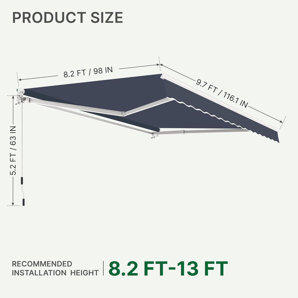 10'x8' Patio Manual Retractable Awning Fully Assembled, Blue | Aluminum Frame, 280G Polyester, Water-Resistant