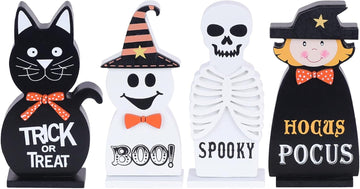 Halloween Decorations Indoor, Wood Blocks Halloween Table Decor, Ghost Black Cat Skull Witch Gothic Tabletop - Set of 4