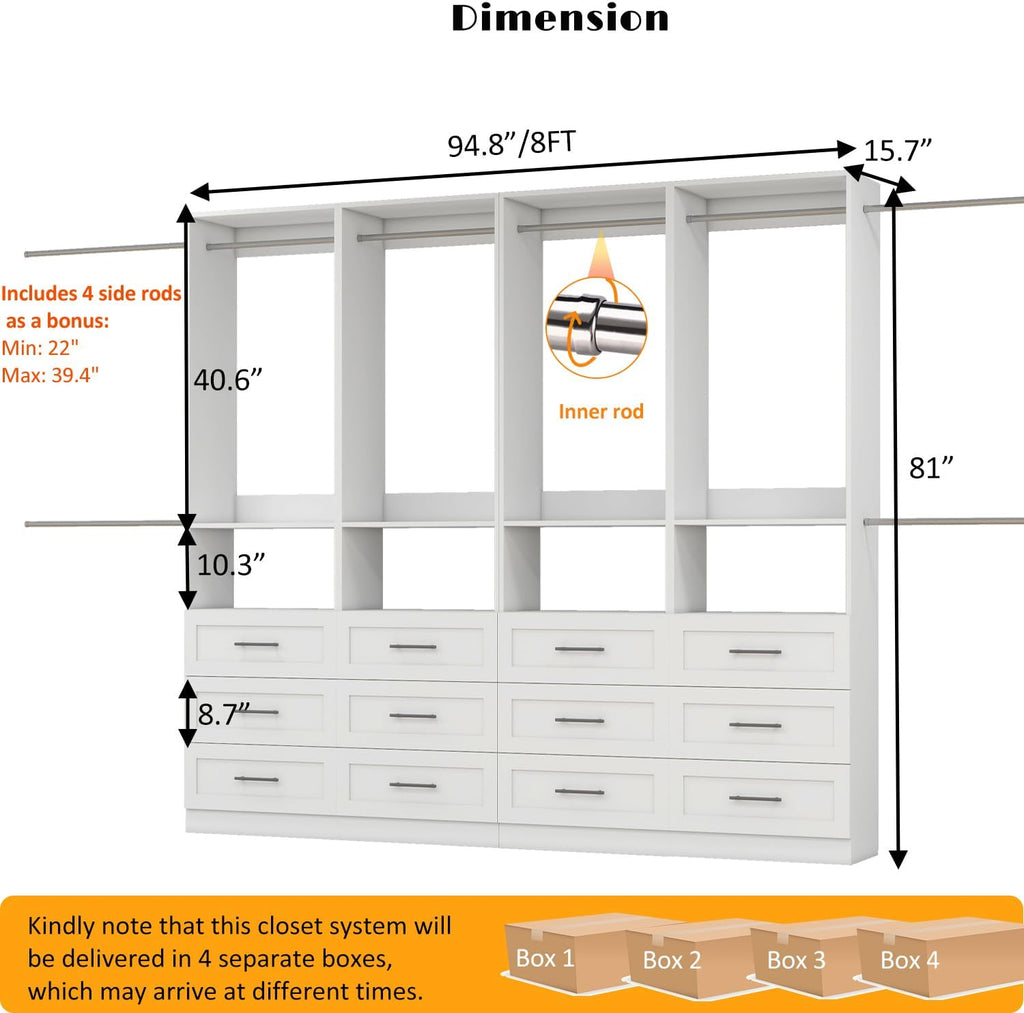 Closet System with 12 Drawers, 8FT-21FT Custom Closet Organizer System Modular Walk in Closet Freestanding Corner