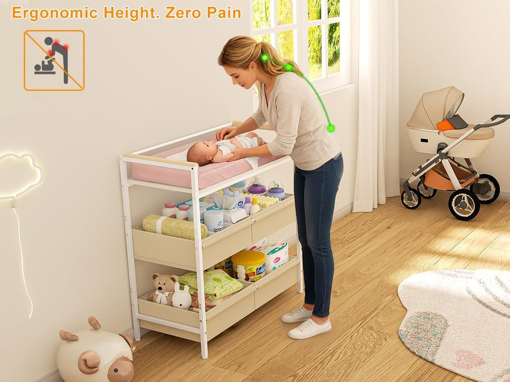 Baby Changing Table with Safety Bumper, Sturdy Diaper Change Station with Adjustable Devider in Large Storage Bin