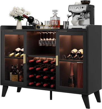 47" Wine Cabinet with LED Light, Living Room Compact Wine Bottle Storage , Wine Bar Cabinet with Glasses Rack