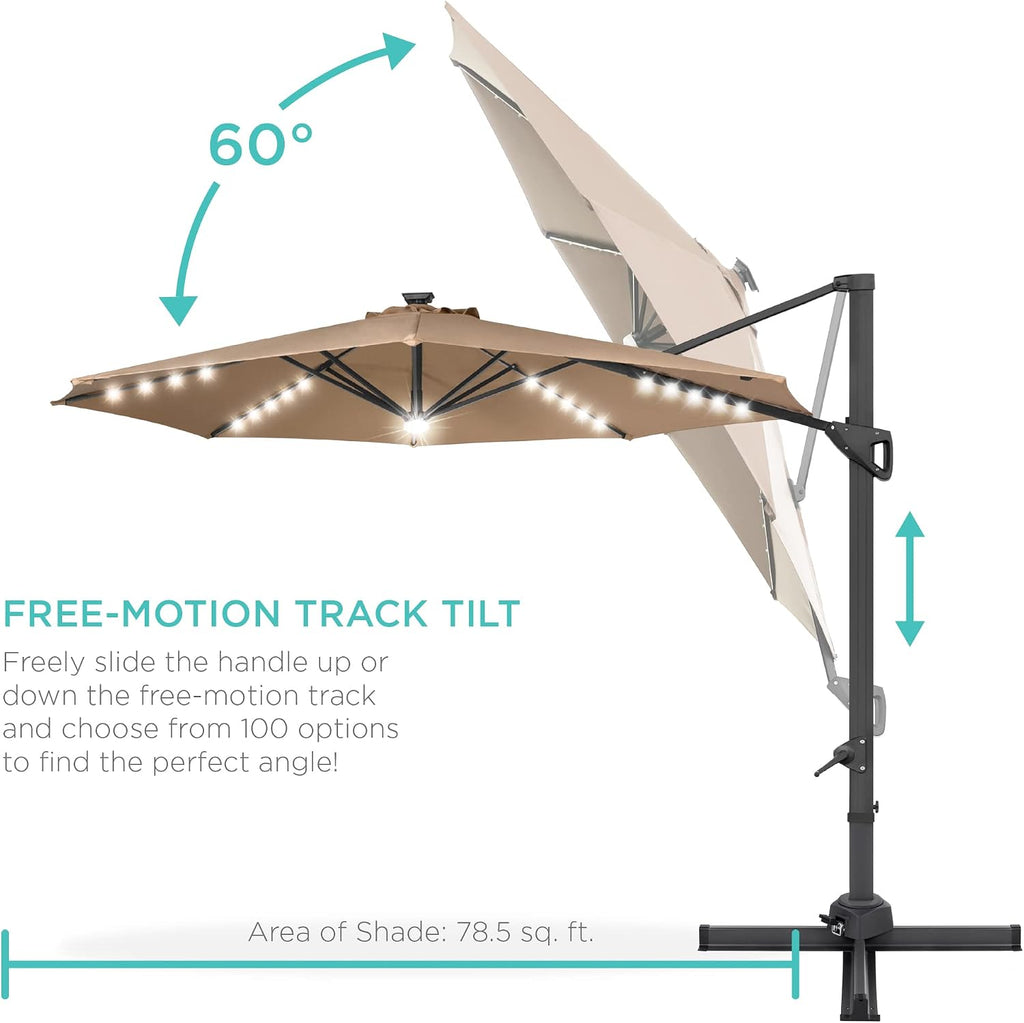 10ft Solar LED Cantilever Patio Umbrella, 360-Degree Rotation Hanging Offset Market Outdoor Sun Shade w/Lights - Tan