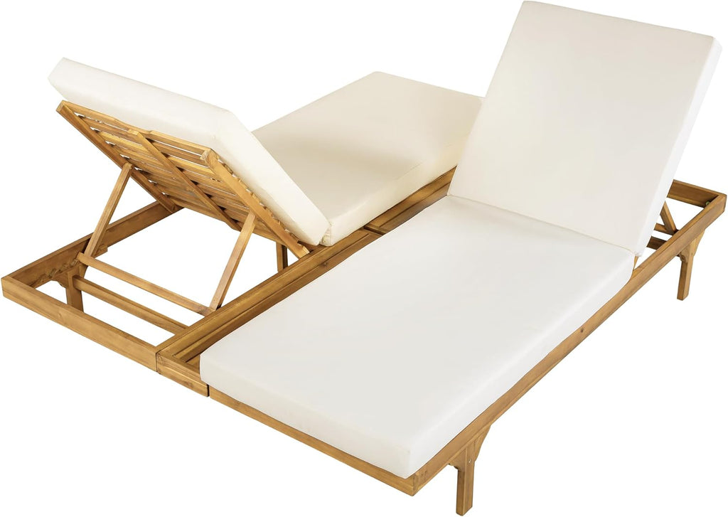Acacia Wood Chaise Lounge Chair Set of 2, Double/Single Outdoor Sunbathing Pool Lounger with 4'' Cushion, Patio