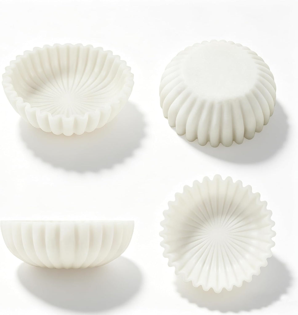 White Maeble Style Decorative Bowl, Entryway Console Centerpiece | Coffee Table Mantel Bookshelf Decor, 10" Scalloped