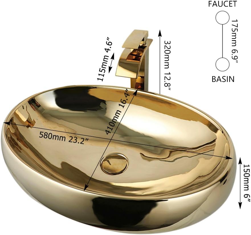 23 Inch Bathroom Vessel Sink with Waterfall Faucet and Pop-Up Drain Combo,Gold Ceramic Sink Bowl Modern Vessel Sink