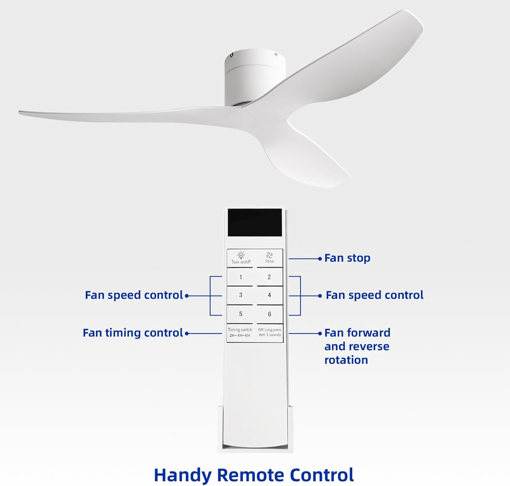 52" Low-Profile Modern Ceiling Fan with Remote – White Curved Blades, 3-Blade, DC Motor, No Light