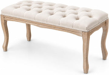 French Vintage Tufted End of Bed Bench, Linen Upholstered | 43.4"L × 15.02"W × 19"H, 330 lbs, Rubberwood legs