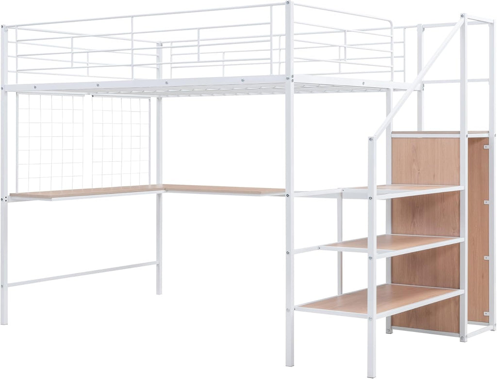 Full Loft Bed with Desk and Wardrobe and Storage Stairs, Loft Beds for Adults, Kids, Teens Metal, White