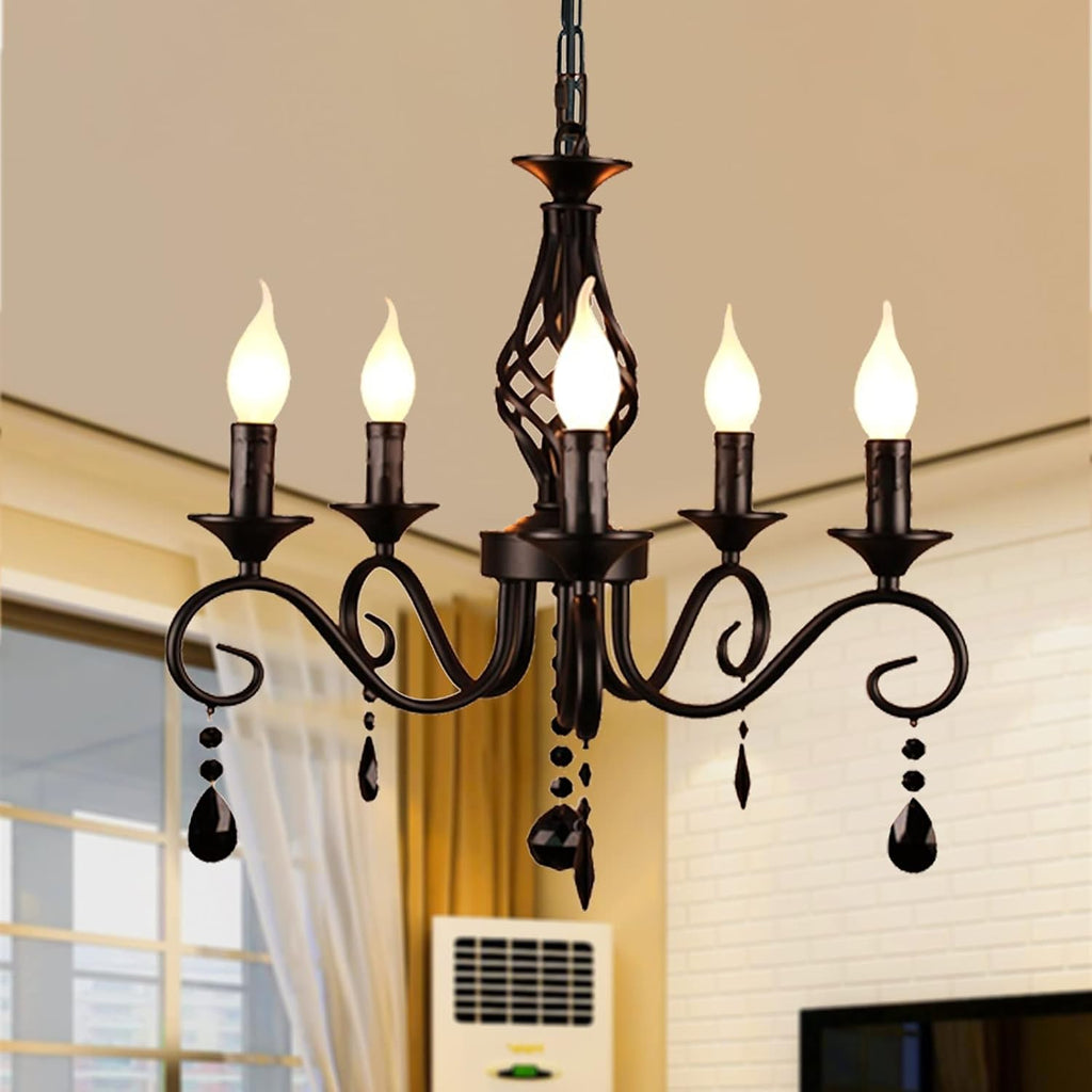 Farmhouse Black Crystal Candle Chandelier, 5 Lights Rustic Industrial Vintage Pendant Light Fixture Hanging Light for Living Room Bedroom Hallway Kitchen Dining Room, E12 Socket