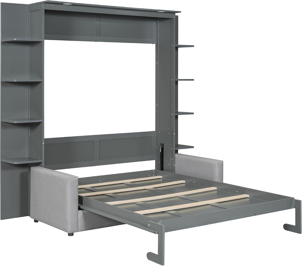 Murphy Bed, Queen Wooden Wall Bed with Sofa for Bedroom, Wood Slat Support, No Box Spring Needed, Easy Assembly, Grey