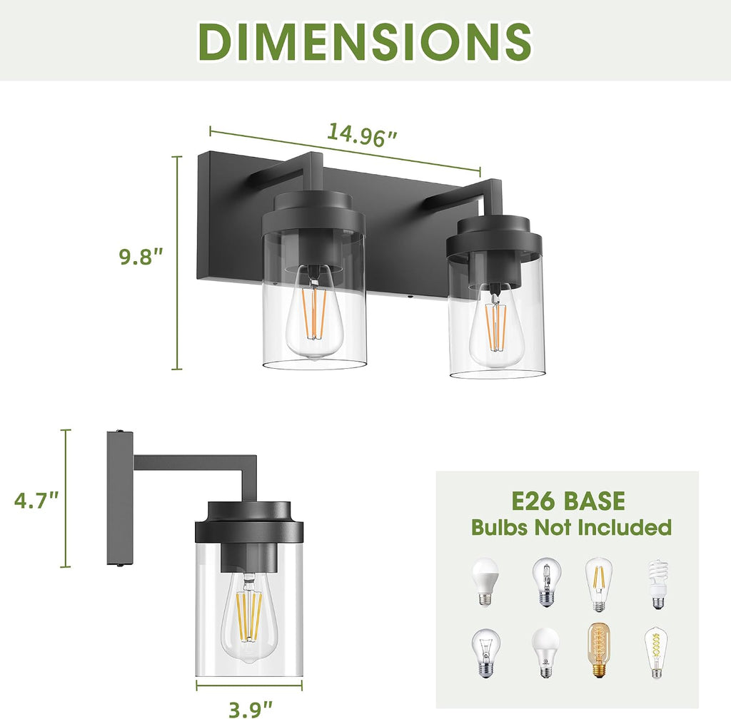 Bathroom Vanity Fixtures, 2 Light Matte Black Vanity Light with Clear Glass Shade, 15in Farmhouse wall Light