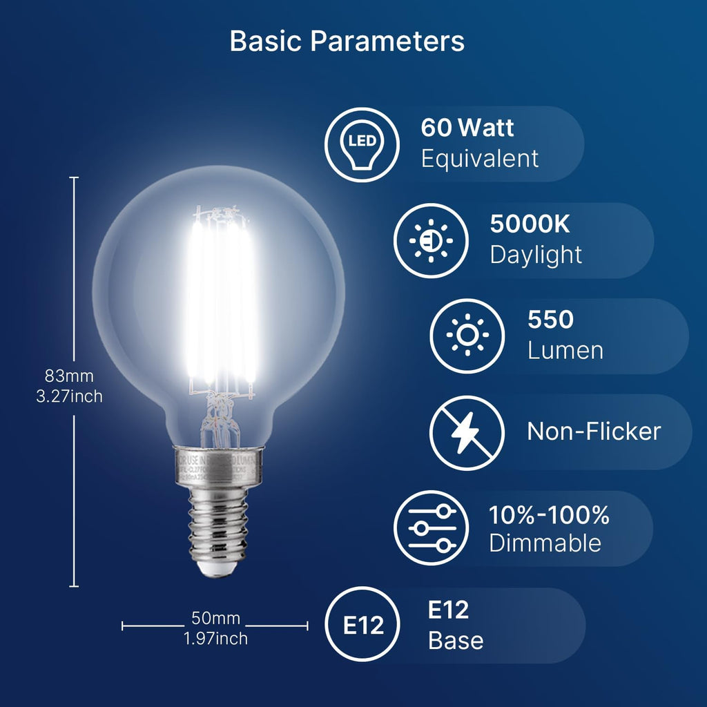 60W Equivalent LED Globe Candelabra Bulbs, Dimmable G16.5 LED E12 Chandelier Light Bulbs, 550LM, CRI90, 5.5W, AC 120V - Set of 6