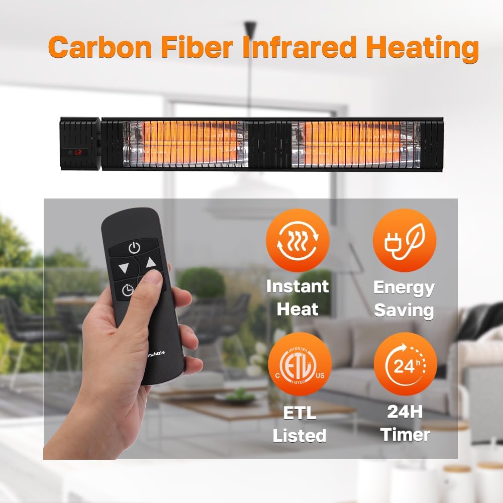 Infrared Electric Patio Heater, 3000W Carbon Fiber Heating for Outdoor/Indoor, Porch, Deck, Garage with Remote 24